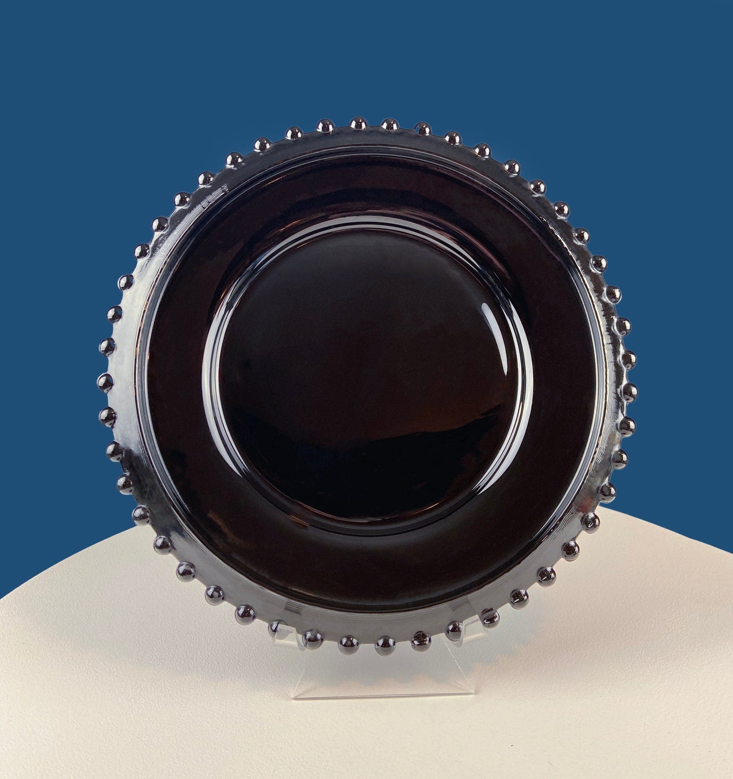 Vintage Black Milk Glass Serving Platter with Clear Bell Dome. Beaded Rim Black Amethyst Large Plate. Bell Dome. Home, Bakery, Cafe Display.