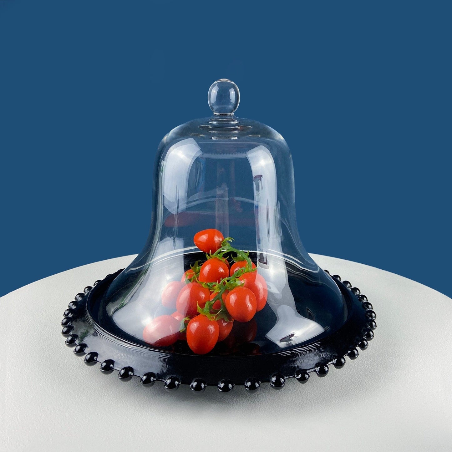 Vintage Black Milk Glass Serving Platter with Clear Bell Dome. Beaded Rim Black Amethyst Large Plate. Bell Dome. Home, Bakery, Cafe Display.