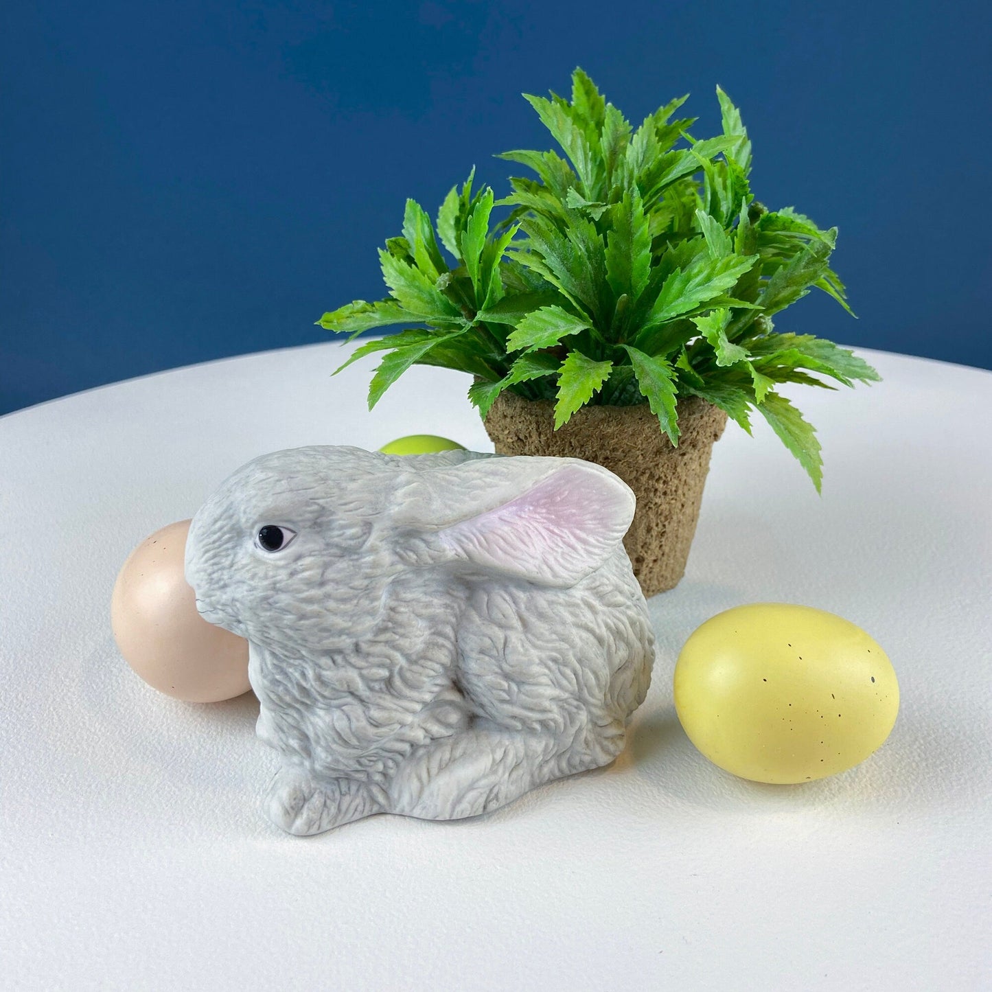 Cute Porcelain Gray Bunny with Pink Ears. Rabbit Figurine for Kids Room, Easter Spring Celebration. Dining Rm Display. Collectible Statuette