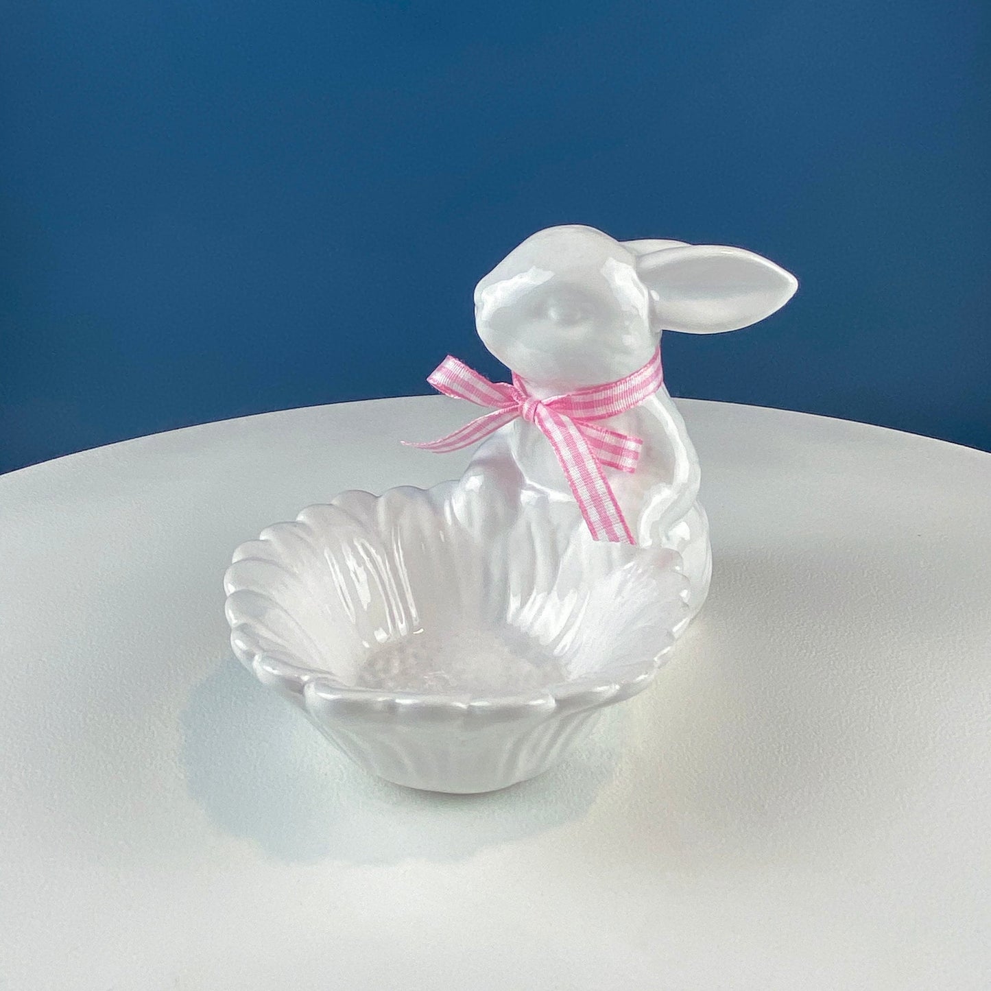 Cute White Ceramic Bunny with Sunflower Basket and Pink Bow. Small Rabbit Planter or Candy Dish. Easter Spring Decor. Table Display.