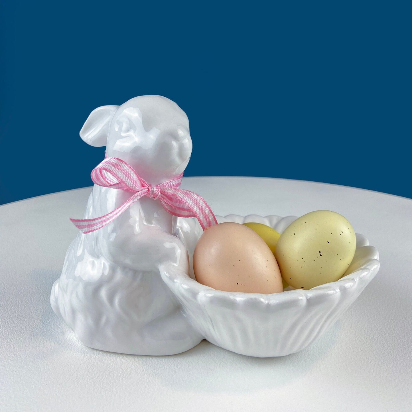 Cute White Ceramic Bunny with Sunflower Basket and Pink Bow. Small Rabbit Planter or Candy Dish. Easter Spring Decor. Table Display.