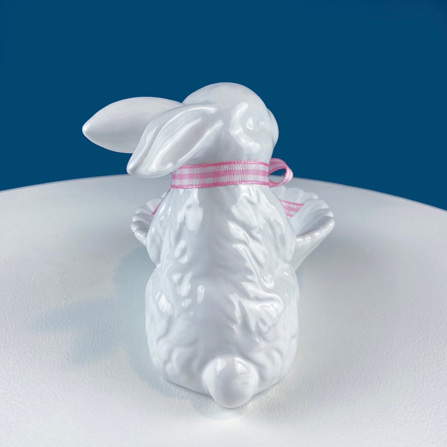 Cute White Ceramic Bunny with Sunflower Basket and Pink Bow. Small Rabbit Planter or Candy Dish. Easter Spring Decor. Table Display.