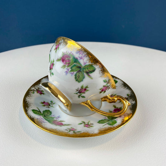 Vintage Moss Rose Tea/Coffee Cup and Saucer. Collectible Porcelain Set. Dining Room Decor. Modern Farmhouse. Gift for Him Her.