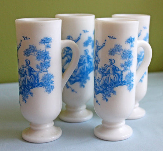 4 Avon Milk Glass Shooters - Tall Cups with Blue Romantic Imagery