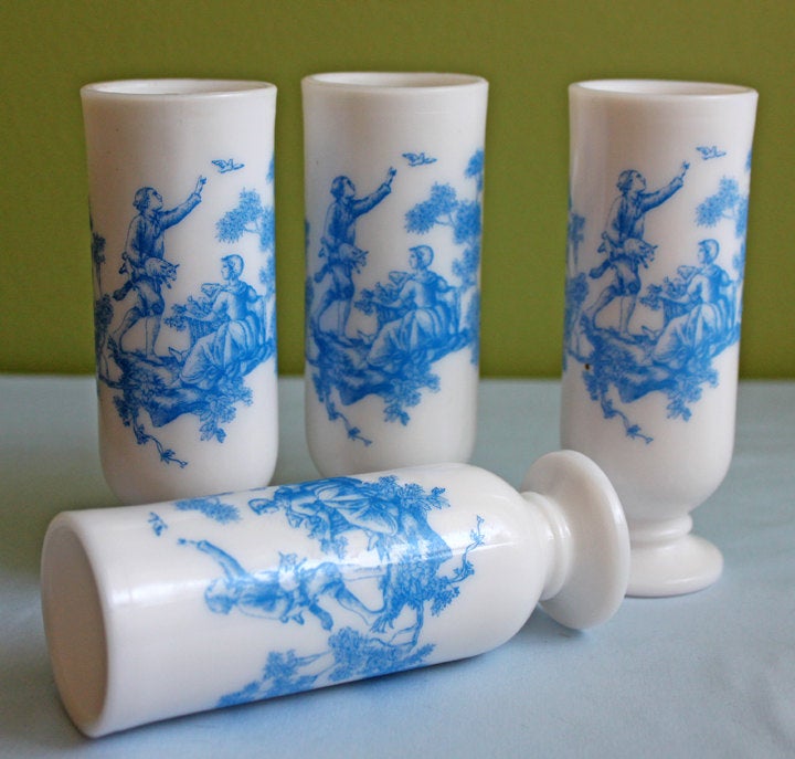 4 Avon Milk Glass Shooters - Tall Cups with Blue Romantic Imagery