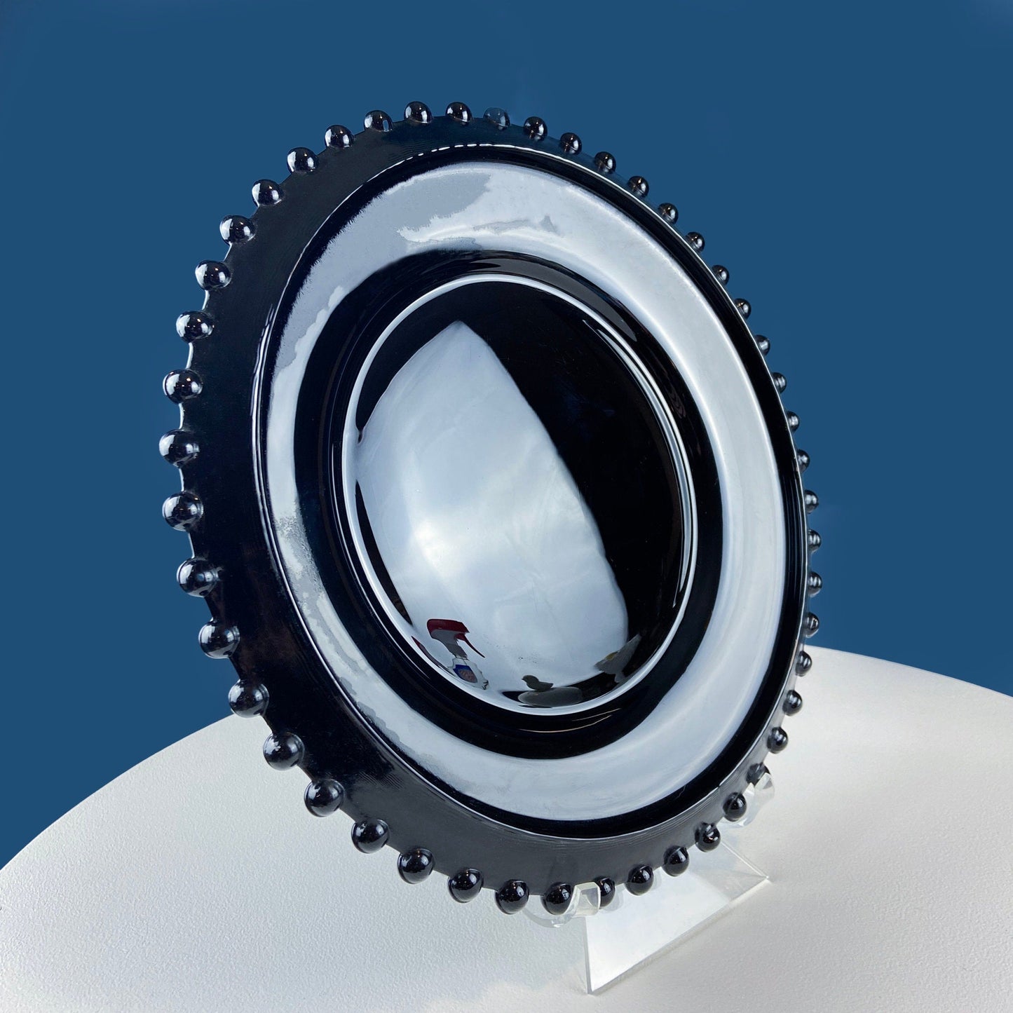 Vintage Black Milk Glass Serving Platter with Clear Bell Dome. Beaded Rim Black Amethyst Large Plate. Bell Dome. Home, Bakery, Cafe Display.