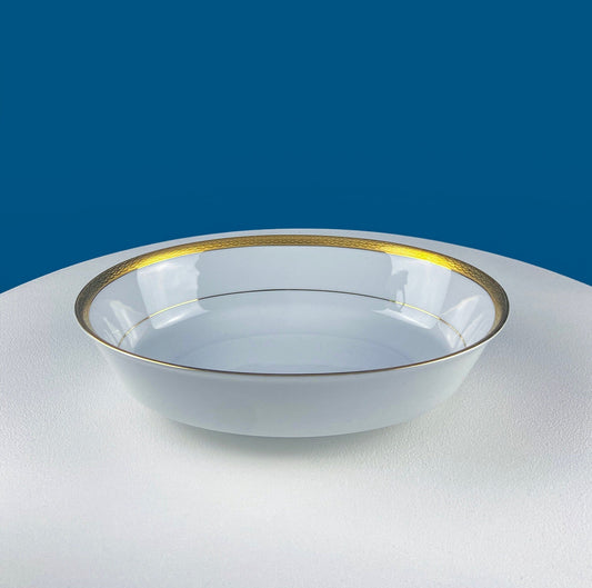 White Porcelain Oval Serving Bowl with Embossed Gold Band. Wedding Band China. Contemporary Noritake Queen's Gold. Dining Room Decor.