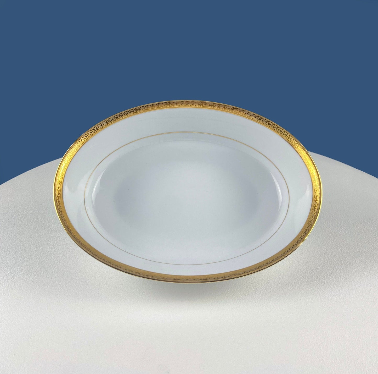 White Porcelain Oval Serving Bowl with Embossed Gold Band. Wedding Band China. Contemporary Noritake Queen's Gold. Dining Room Decor.