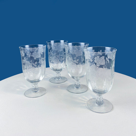 Vintage Fostoria Willowmere Etched Crystal Iced Tea Stemmed Glasses. Set of 4 Juice Stemware. Floral Motif. Dining Room Decor. Collectibles.