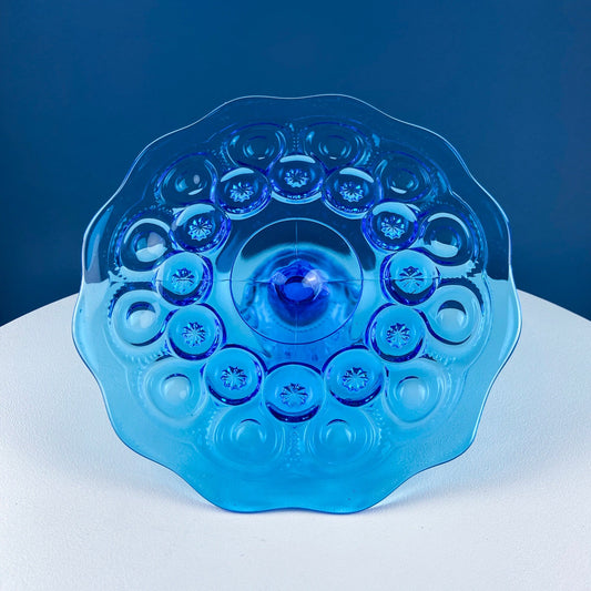 Vintage Aqua Blue Glass Footed Serving Bowl. LE Smith Moon and Stars Glass Bowl with Scalloped  Edge. Fruit Bowl. Dining Room Decor.