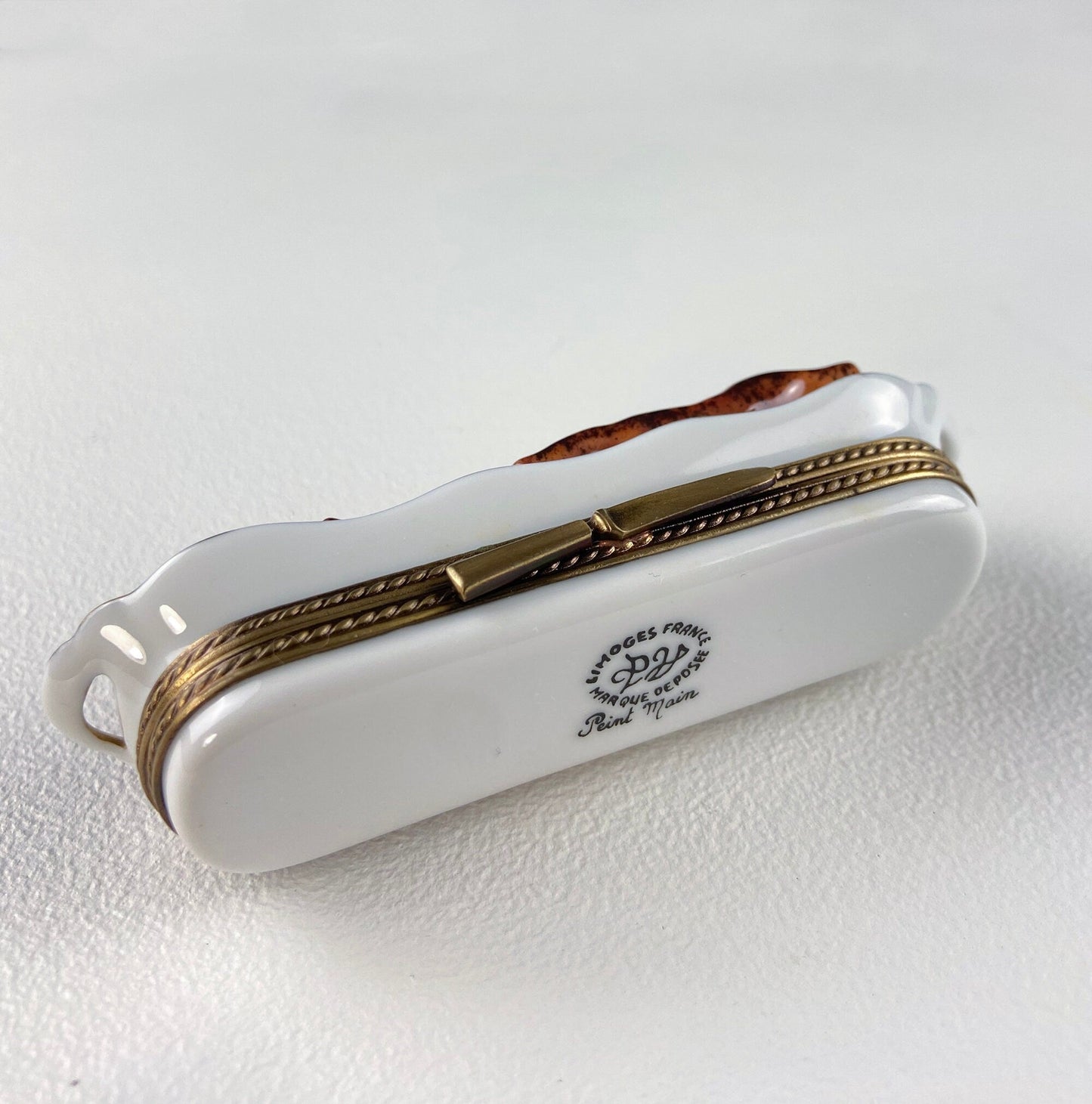 Sweet Bread Collectible Porcelain Limoges Box. Miniature Hand Painted Pill, Trinket or Ring Box. Knife Closure. Gift for Mom, Grandma Baker.