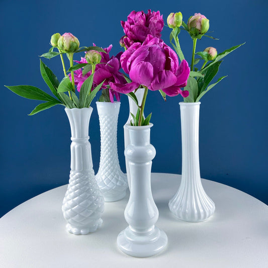 Collection of White Milk Glass Vases with Different Designs. Set of Five in Varying Shapes & Sizes. Contemporary Cottage or Modern Farmhouse