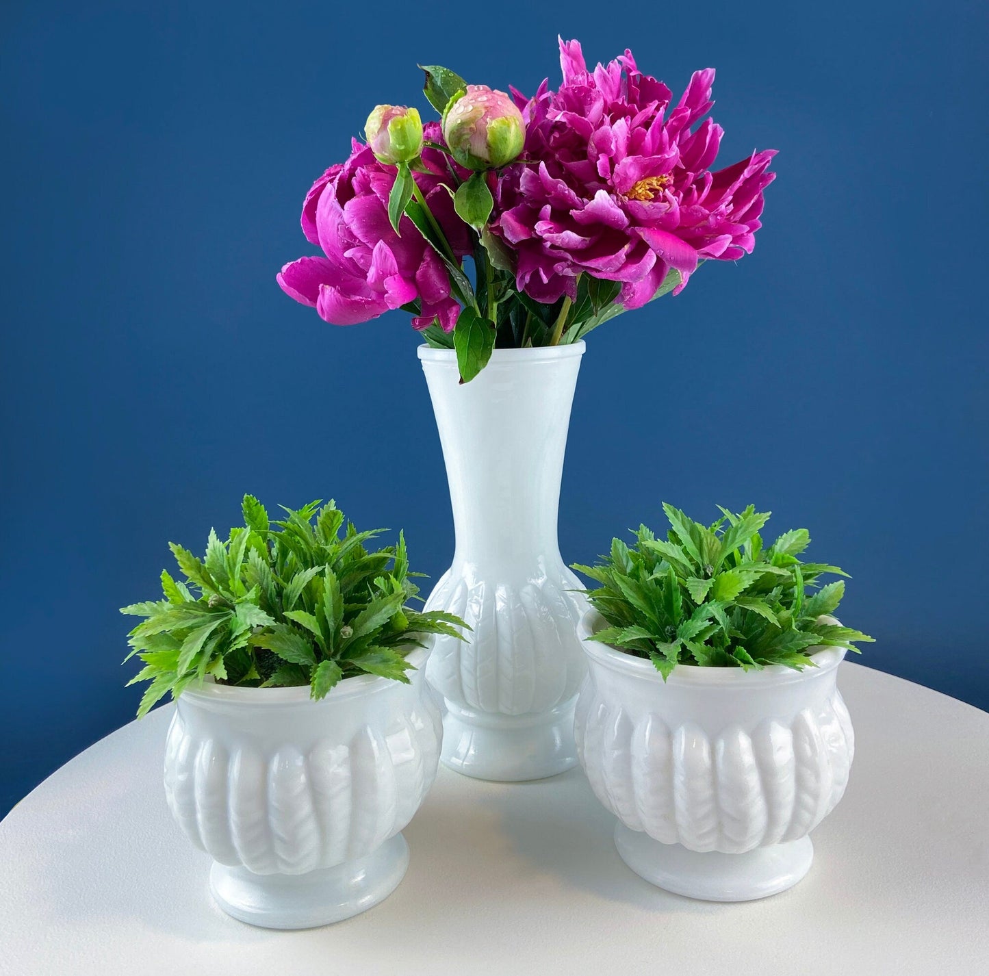 Milk Glass Wheat Design Vase and Planters. Set of Three Differently Shaped Vases. White Herb Planters. Home Decor. Window Sill Garden.