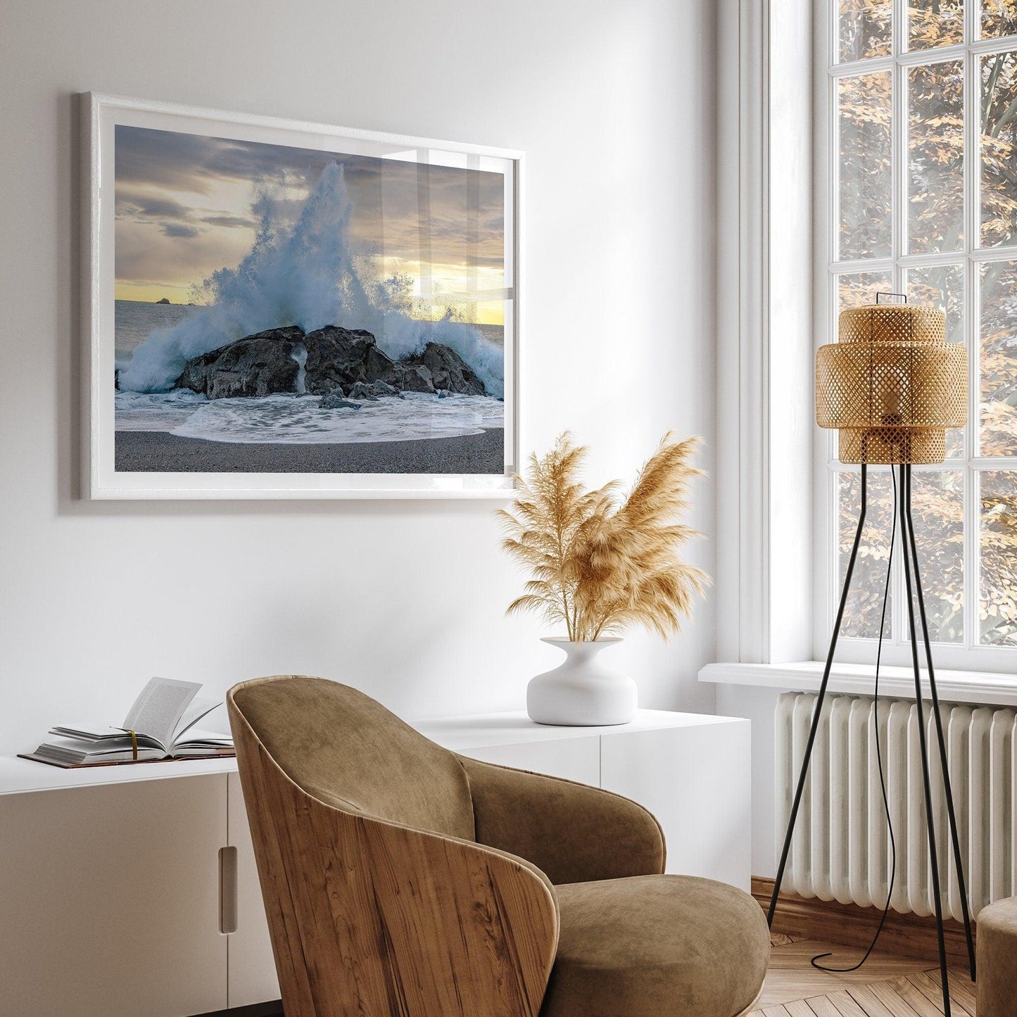 Liquid Fire fine art print of a massive wave crashing on a rock at a Pacific Northwest beach.
