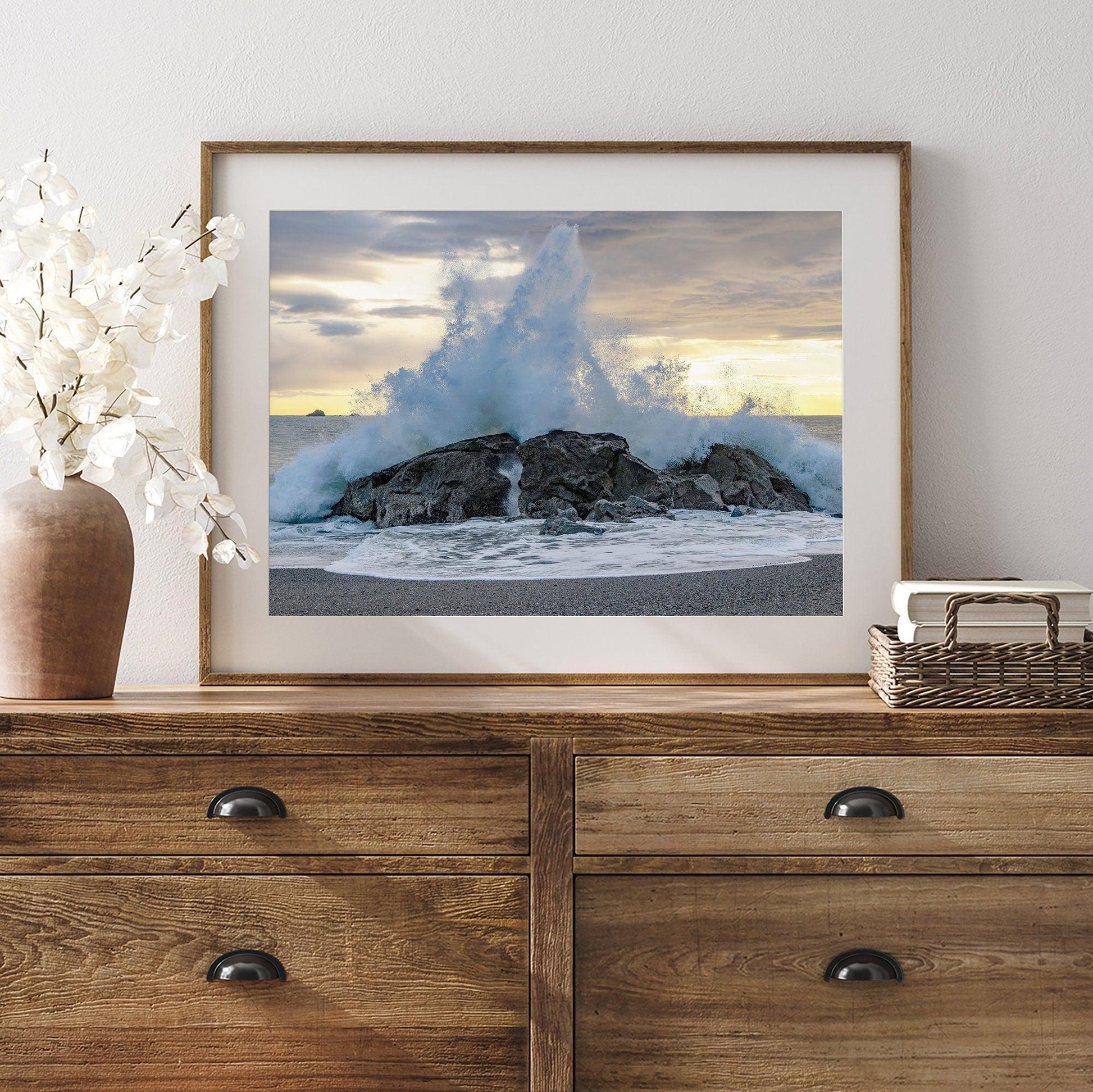 Liquid Fire: fine art ocean beach print of a wave crashing on a rock at a Pacific Northwest beach.