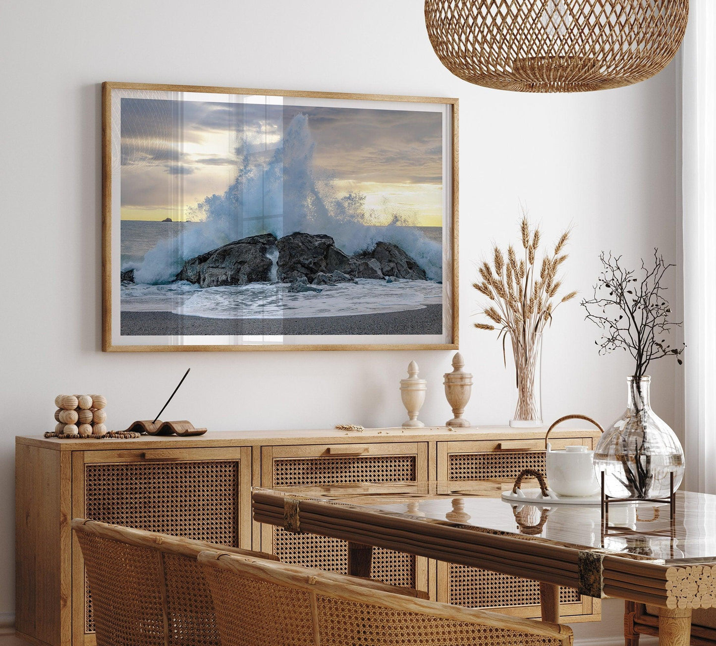 Liquid Fire ocean beach print featuring a huge wave crashing on a rock in California.