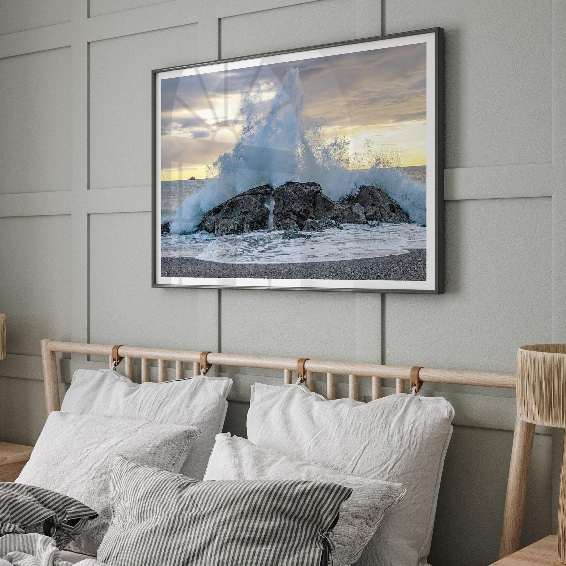 Liquid Fire fine art print of a huge wave crashing on a rock at a Pacific Northwest beach.