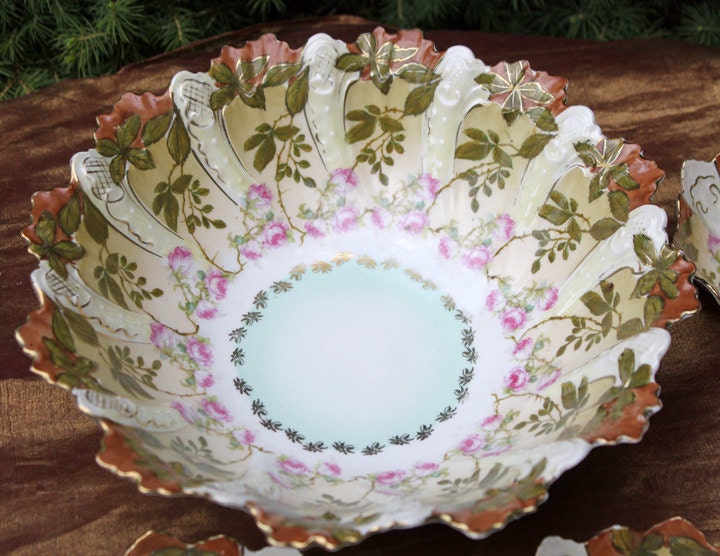 Antique Austrian Hand Painted Porcelain Serving Bowl with Matching Salad Dessert Bowls. Rose Motif Ornate Scalloped Edge. Dining Room Decor.