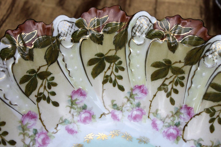 Antique Austrian Hand Painted Porcelain Serving Bowl with Matching Salad Dessert Bowls. Rose Motif Ornate Scalloped Edge. Dining Room Decor.