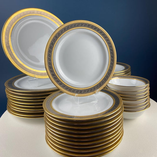 Vintage Sheng Xing Porcelain Dinnerware Set: White, Gold & Platinum Greek Motif