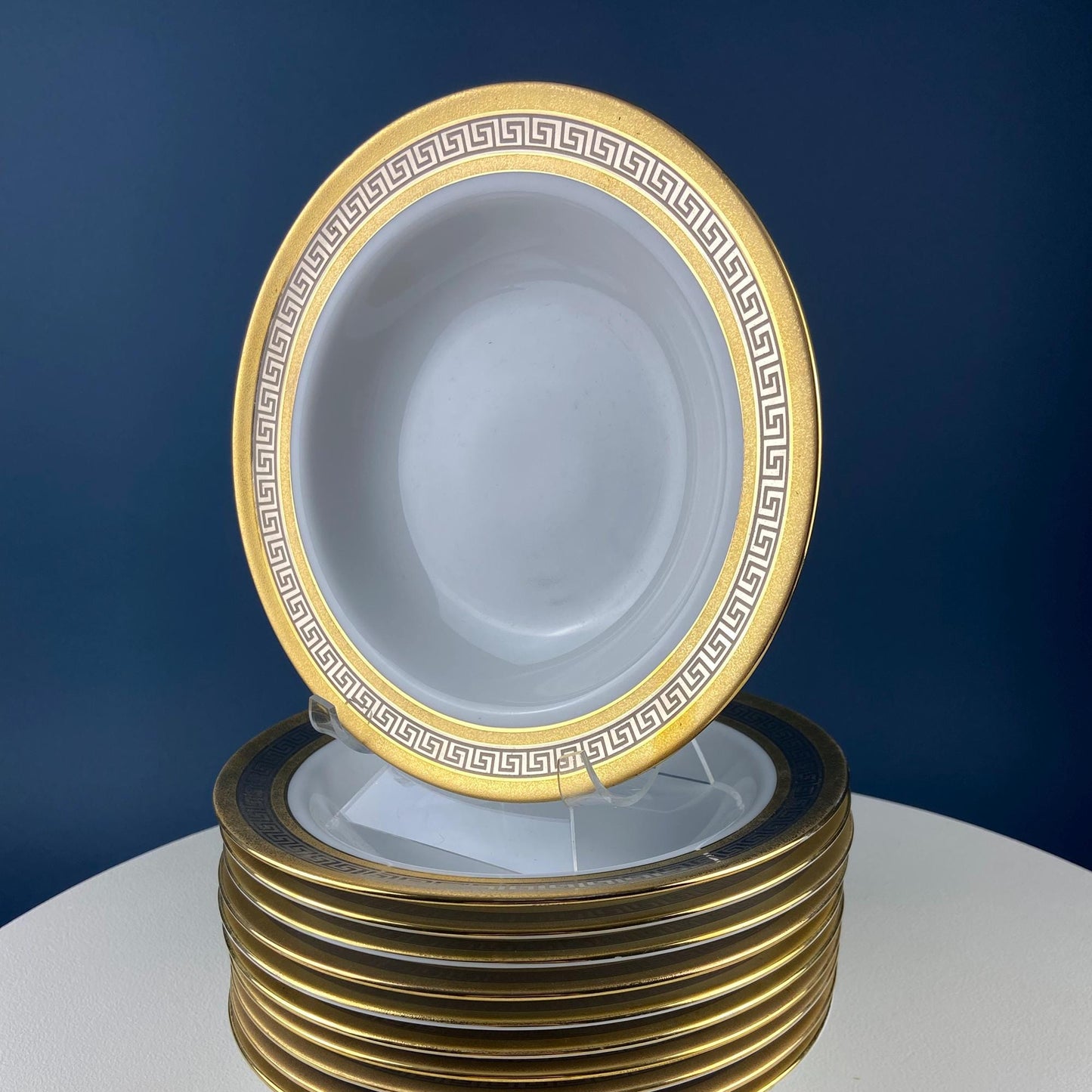 Vintage Sheng Xing Porcelain Dinnerware Set: White, Gold & Platinum Greek Motif