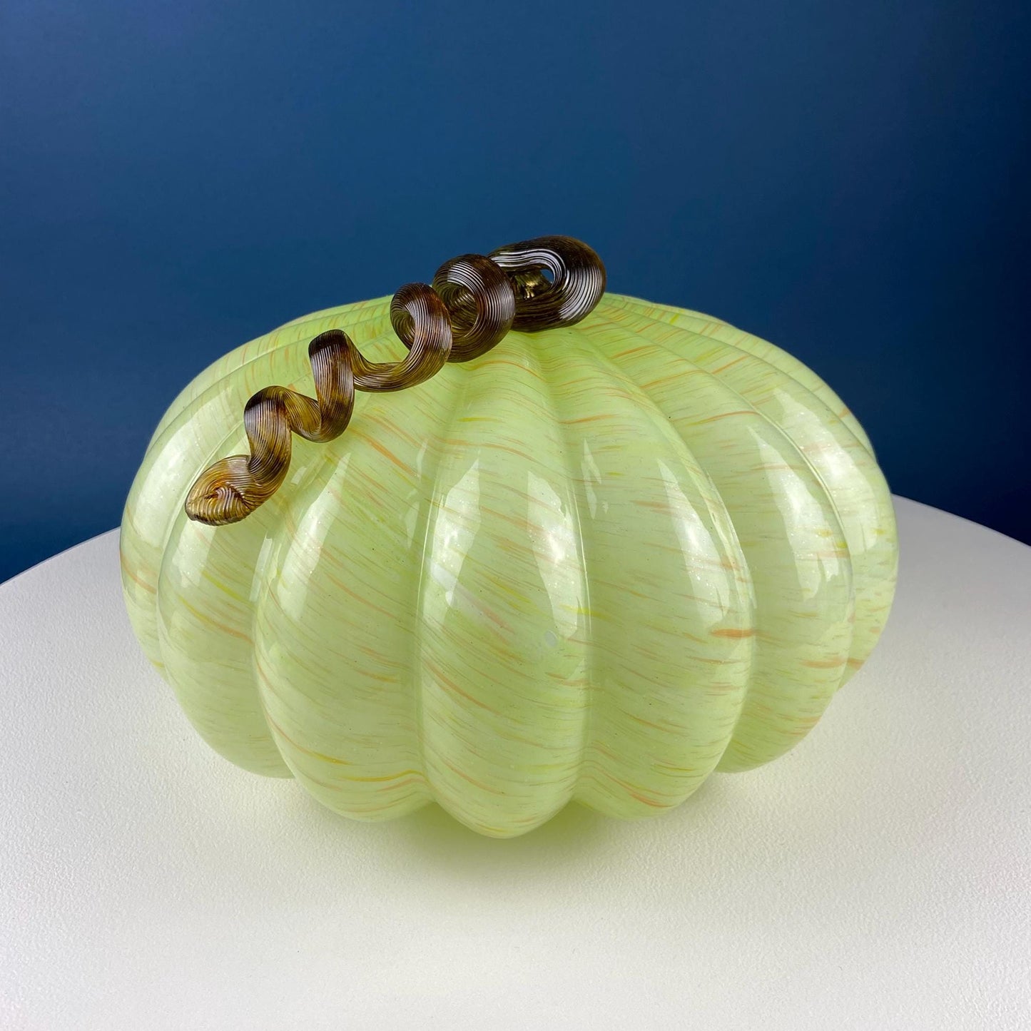 Large Hand Blown Glass Pumpkin. Stunning Lime Yellow Glass Gourd with Brown Stem. Collectible Home Decor for Fall, Halloween, Thanksgiving.