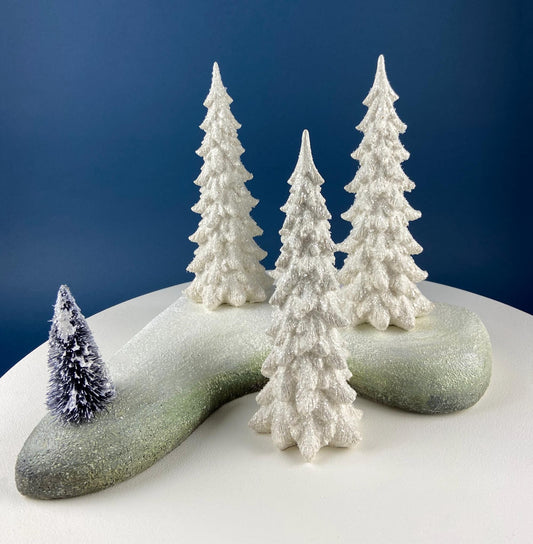 Large 11" Tall Pine Tree Covered in Snow and Glitter. Magical Christmas Village Accessory. Large Spruce. Holiday Decor. Table Display.