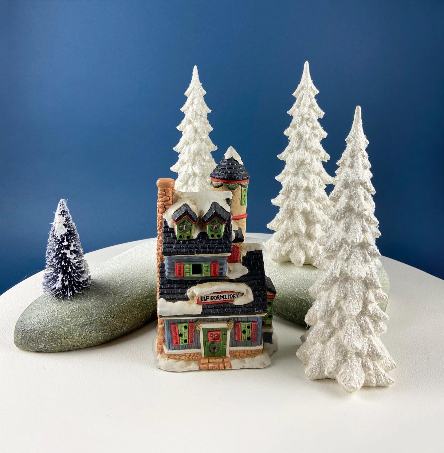 Large 11" Tall Pine Tree Covered in Snow and Glitter. Magical Christmas Village Accessory. Large Spruce. Holiday Decor. Table Display.