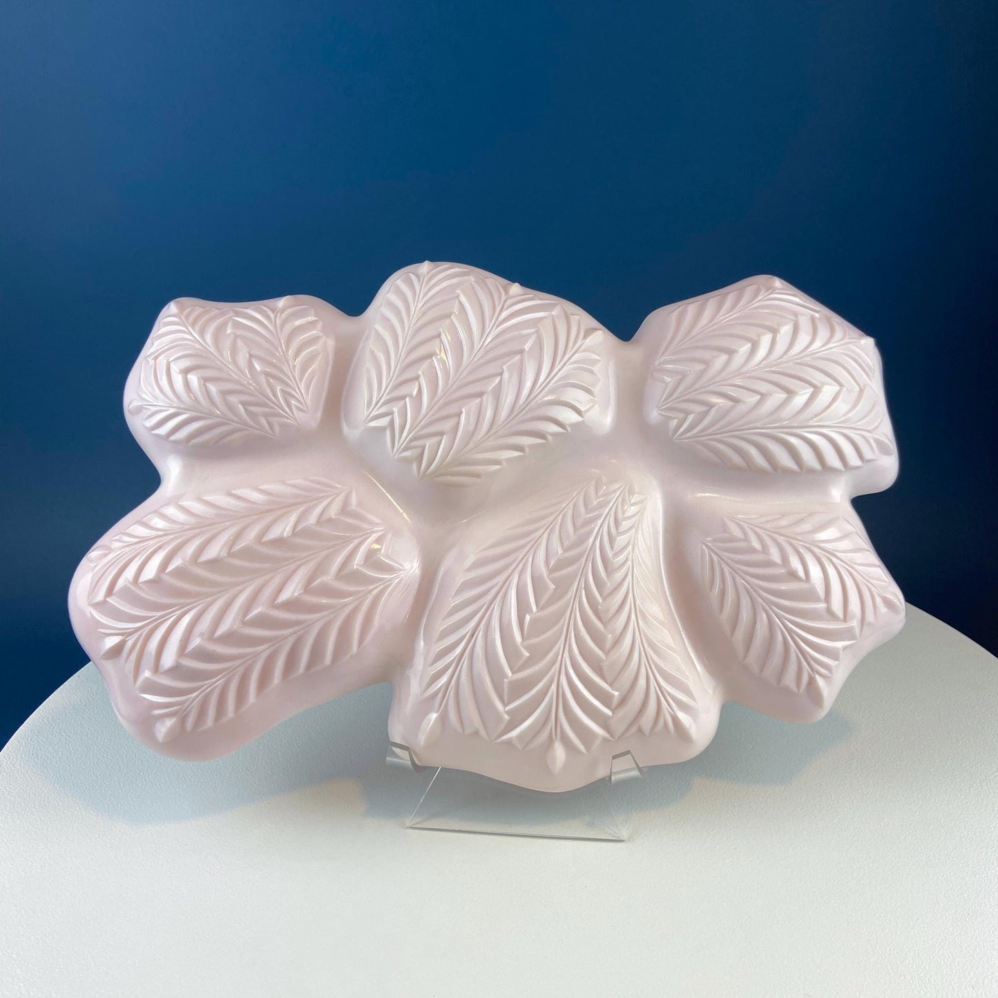 Vintage Shell Pink Jeanette Milk Glass Divided Serving Platter. Stunning 3-d Feather Motif. 6 Section Bowl.  Appetizers Condiments Fruit.