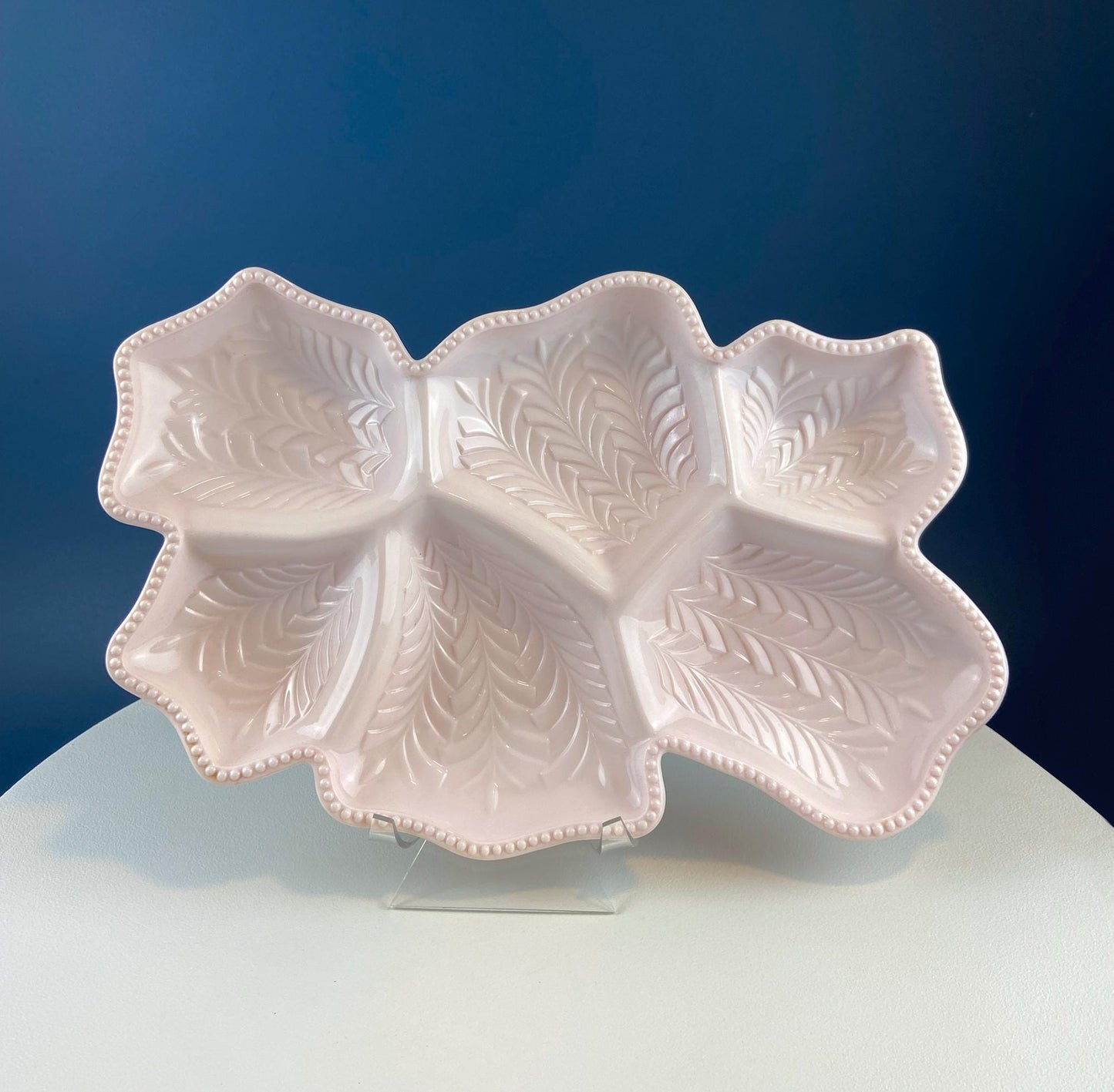 Vintage Shell Pink Jeanette Milk Glass Divided Serving Platter. Stunning 3-d Feather Motif. 6 Section Bowl.  Appetizers Condiments Fruit.