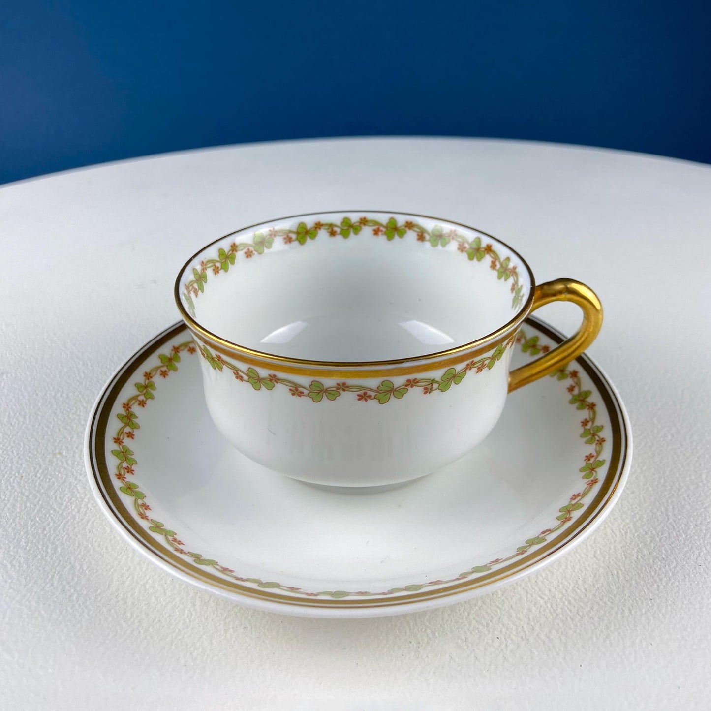 Antique Limoges Porcelain Tea Set with Clover Trim. Set of Six Dessert Plates, 5 Cups and Saucers, & Oval Serving Platter. Haviland France.