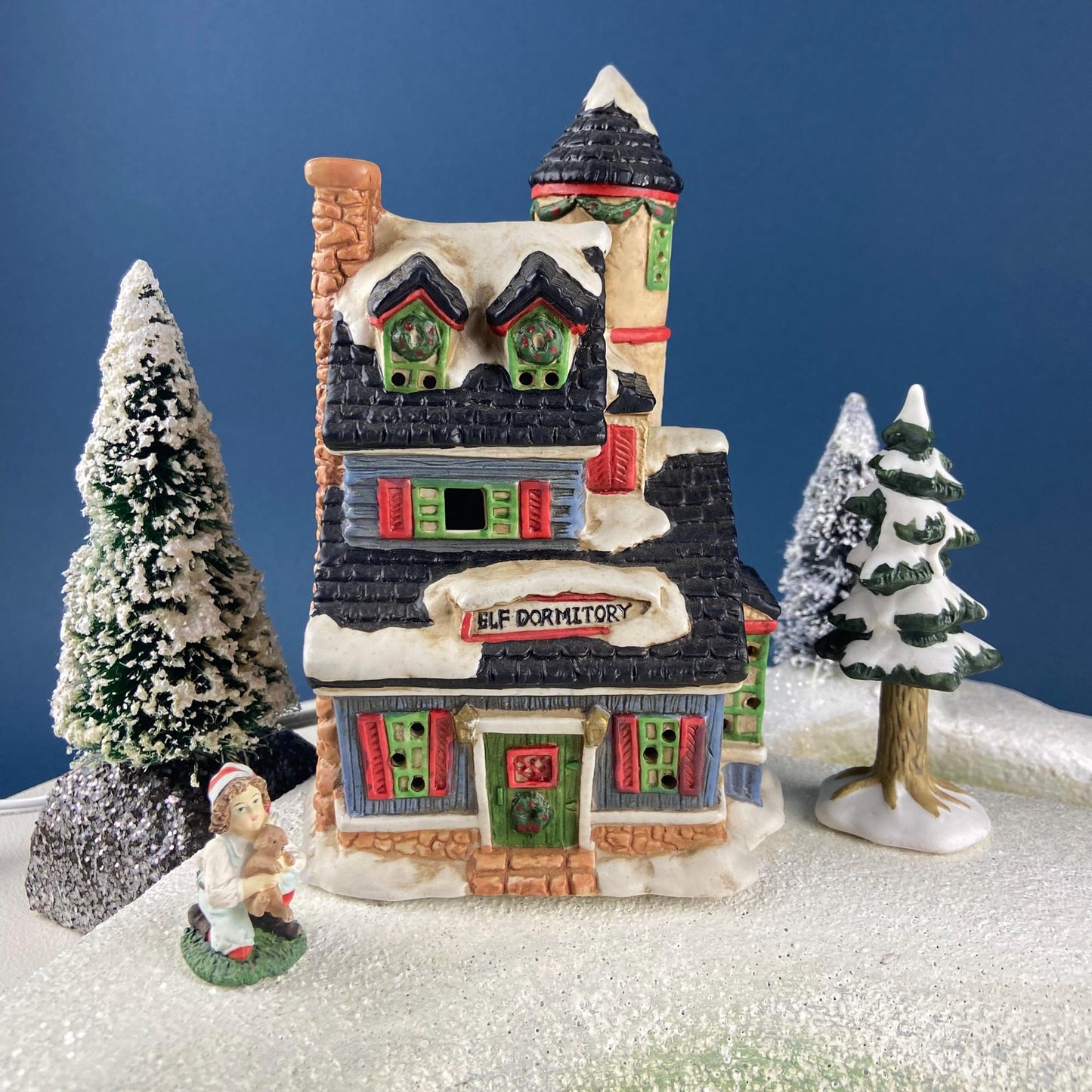 Elf Dormitory Illuminated Hand Painted Christmas Village House. Mercurie 1992. Alternative Holiday Home or Retail Decor. Kids' Room.