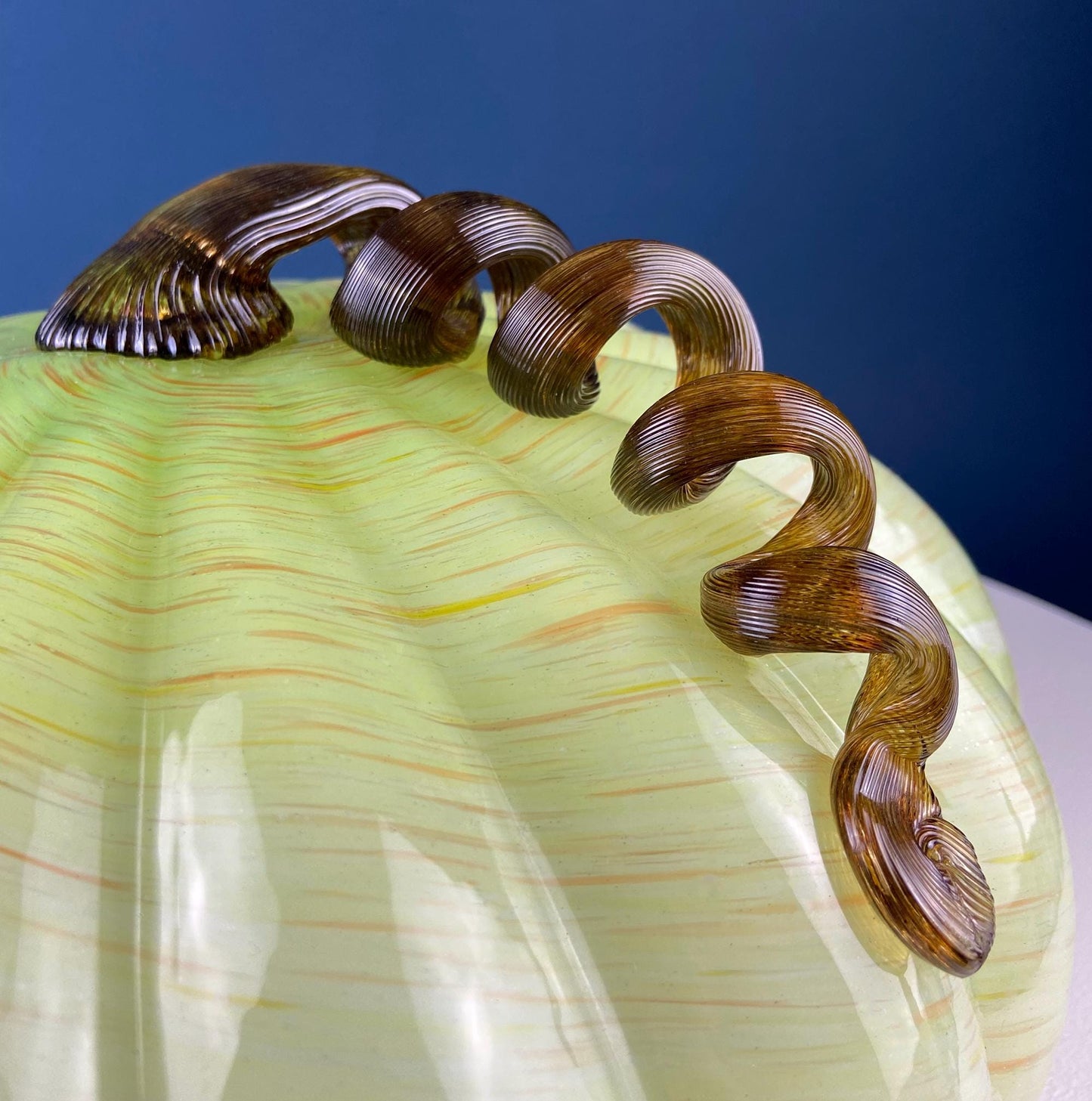 Large Hand Blown Glass Pumpkin. Stunning Lime Yellow Glass Gourd with Brown Stem. Collectible Home Decor for Fall, Halloween, Thanksgiving.