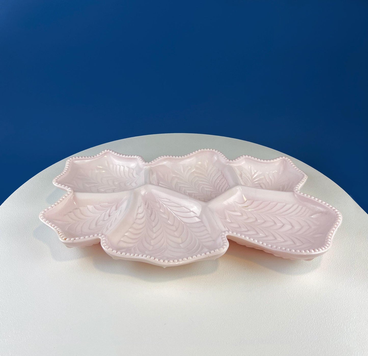 Vintage Shell Pink Jeanette Milk Glass Divided Serving Platter. Stunning 3-d Feather Motif. 6 Section Bowl.  Appetizers Condiments Fruit.