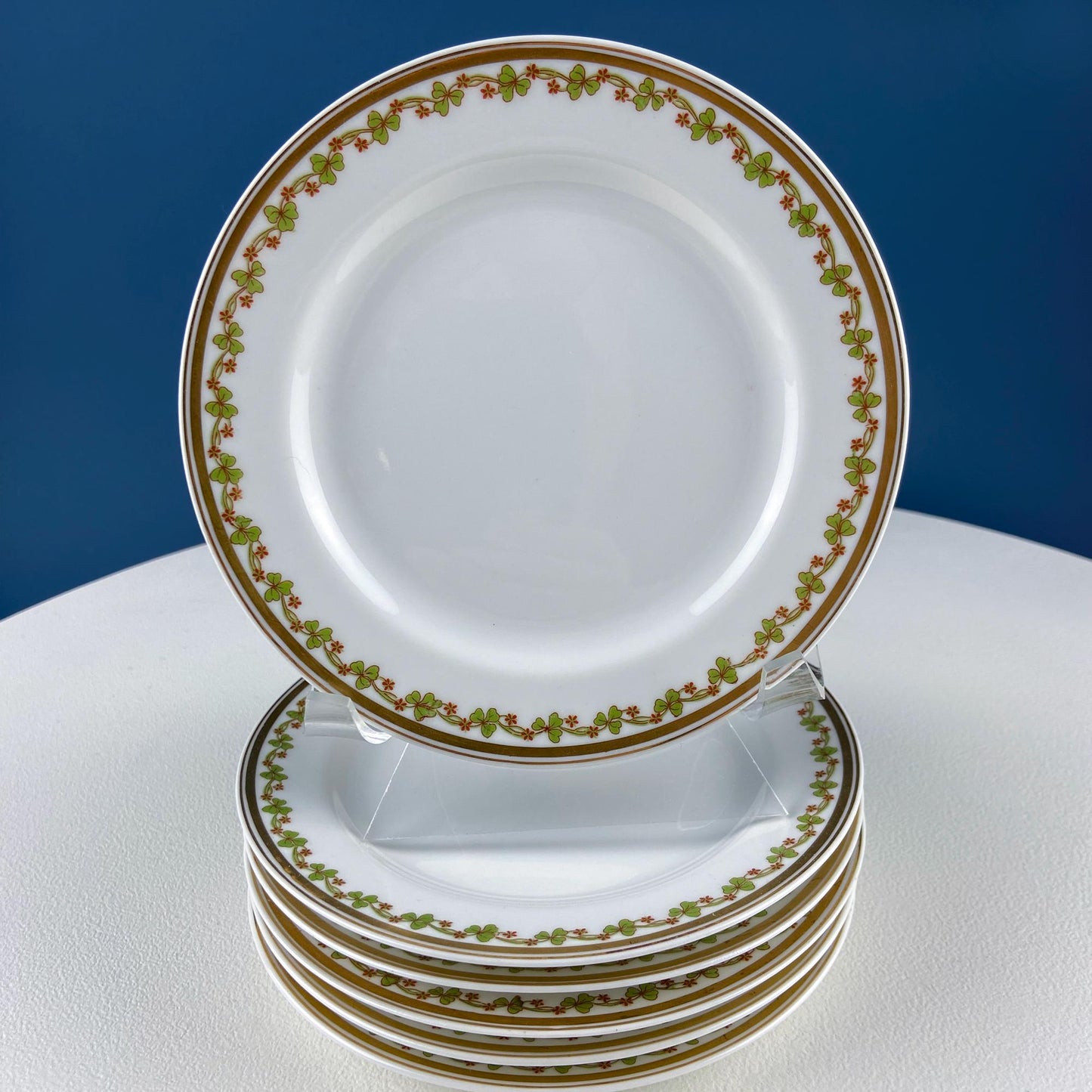 Antique Limoges Porcelain Tea Set with Clover Trim. Set of Six Dessert Plates, 5 Cups and Saucers, & Oval Serving Platter. Haviland France.