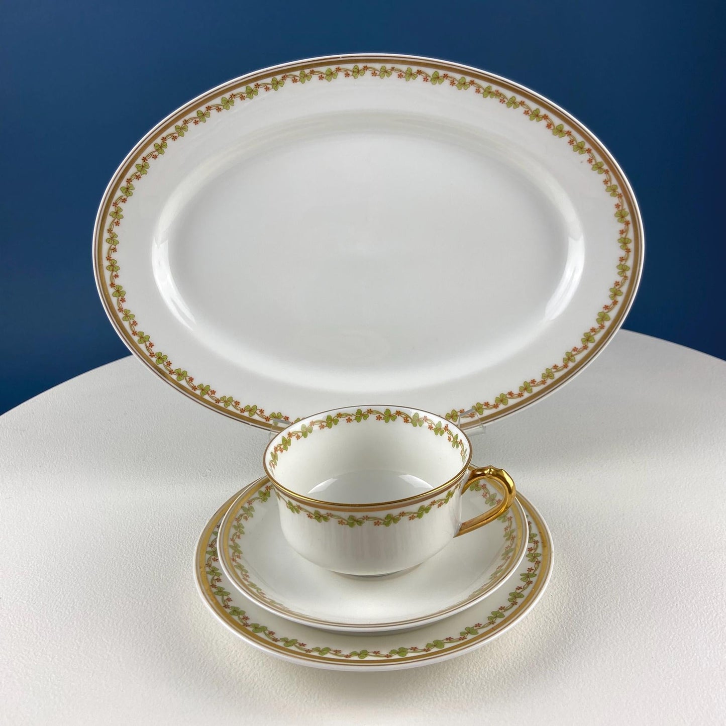 Antique Limoges Porcelain Tea Set with Clover Trim. Set of Six Dessert Plates, 5 Cups and Saucers, & Oval Serving Platter. Haviland France.