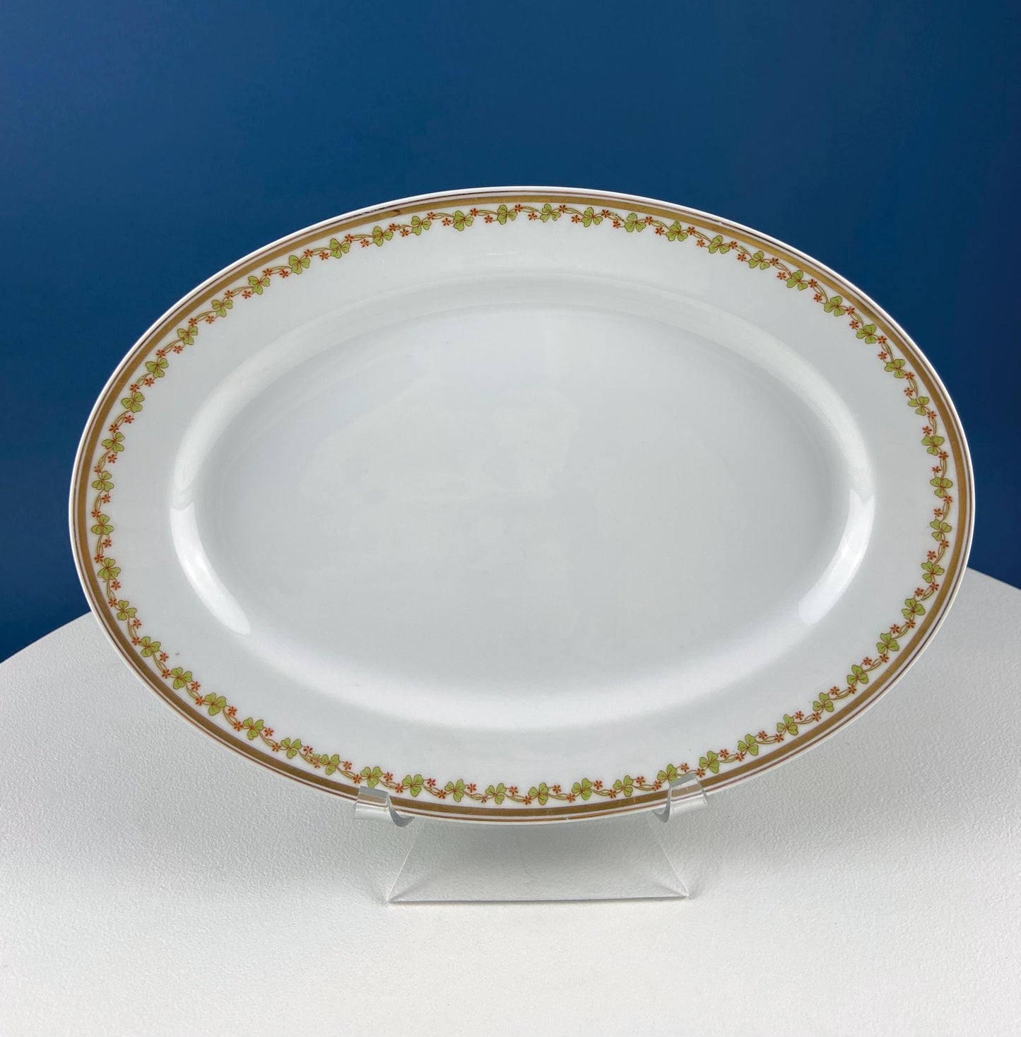 Antique Limoges Porcelain Tea Set with Clover Trim. Set of Six Dessert Plates, 5 Cups and Saucers, & Oval Serving Platter. Haviland France.