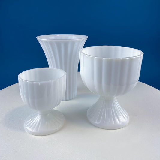 Collection of 3 Vintage Milk Glass Fluted Vases or Planters. Elegant White Minimal Design. Modern Home Decor. Window Sill Garden.