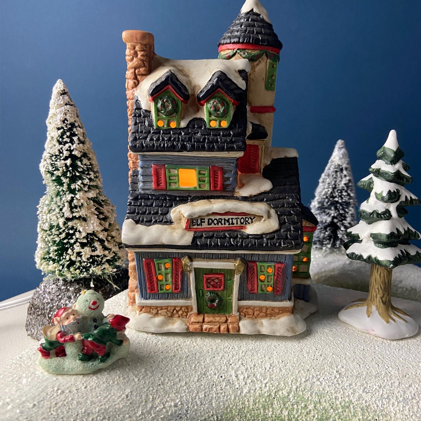 Elf Dormitory Illuminated Hand Painted Christmas Village House. Mercurie 1992. Alternative Holiday Home or Retail Decor. Kids' Room.