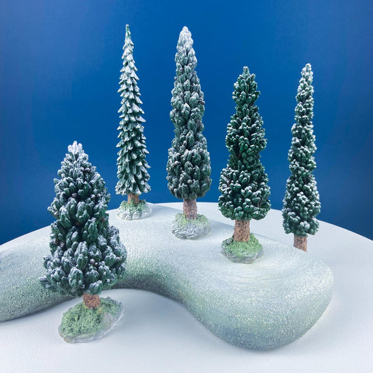 Large Village Snowy Evergreens by Dept. 56. Set of 5 Trees Cypresses for Christmas Village. Magic Holiday Home or Retail Display. Kids Room.