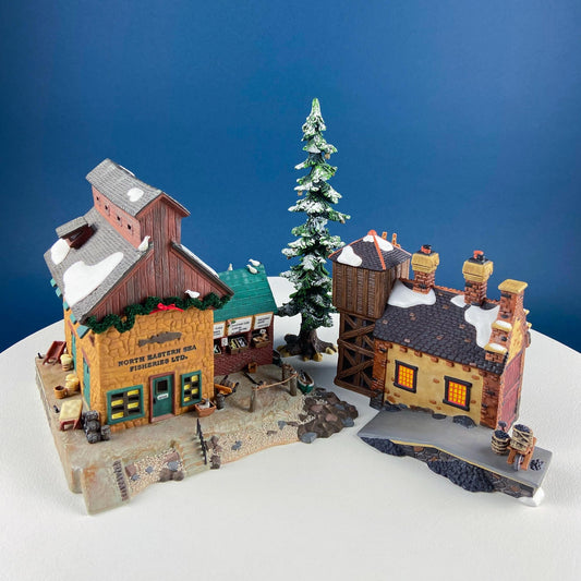 Christmas Village 2 Bldg. Complex North Eastern Sea Fisheries.  Illuminated Porcelain Houses. Incredible Hand Painted Detail by Dept. 56.