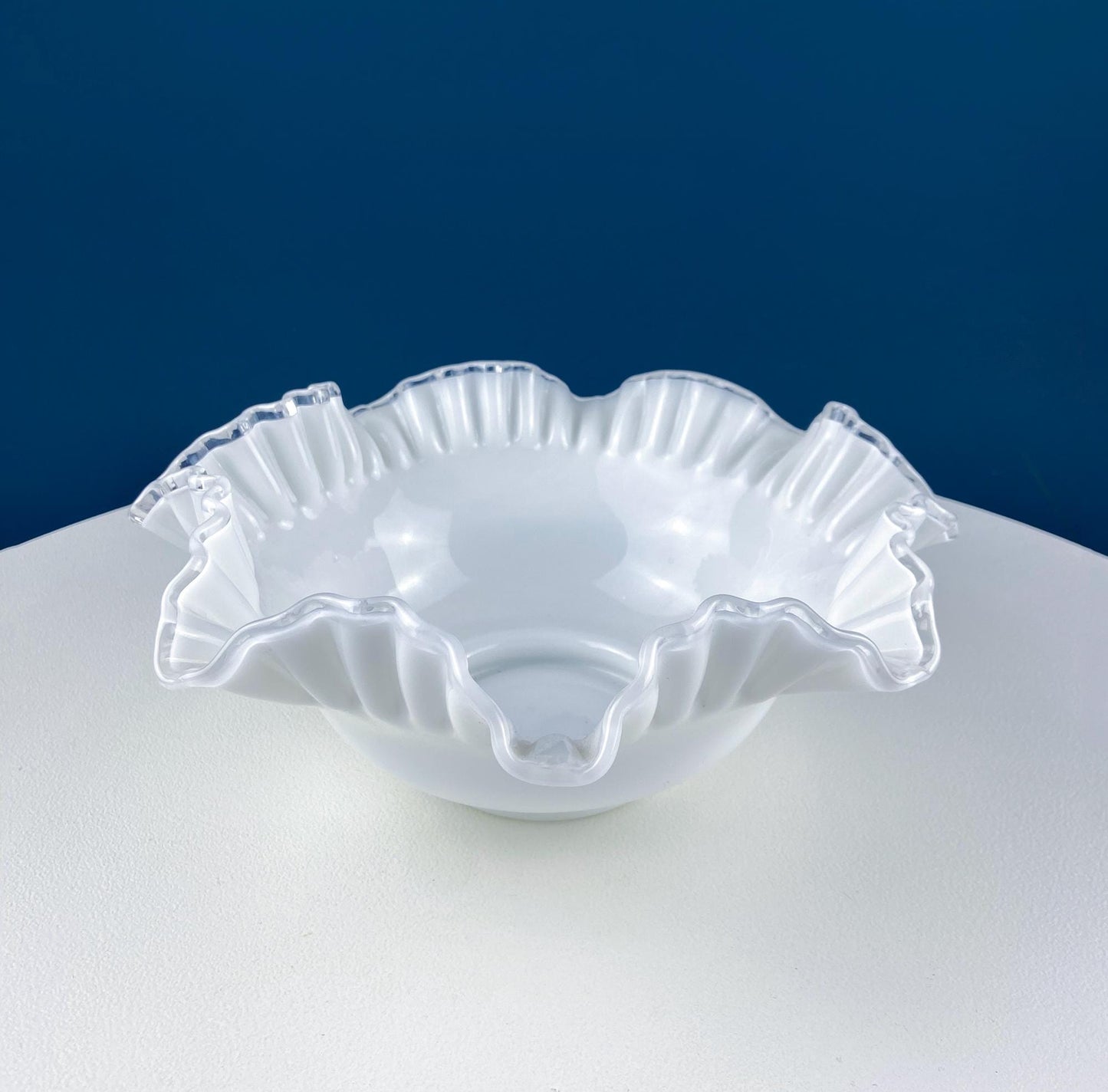 Large Silvercrest Bowl with Ruffled Edge. White Glass Fruit Bowl or Serving Dish with Clear Brim. Table Centerpiece. Wedding Gift.