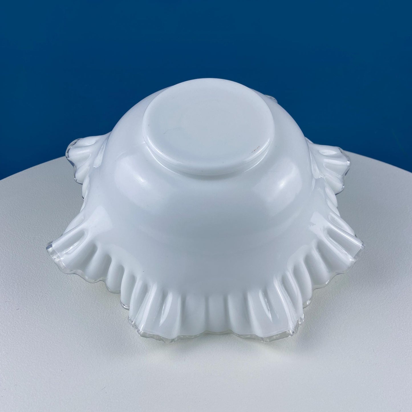 Silvercrest Bowl with Ruffled Edge. White Glass Fruit Bowl or Serving Dish with Clear Brim. Table Centerpiece. Serviceware. Wedding Gift.