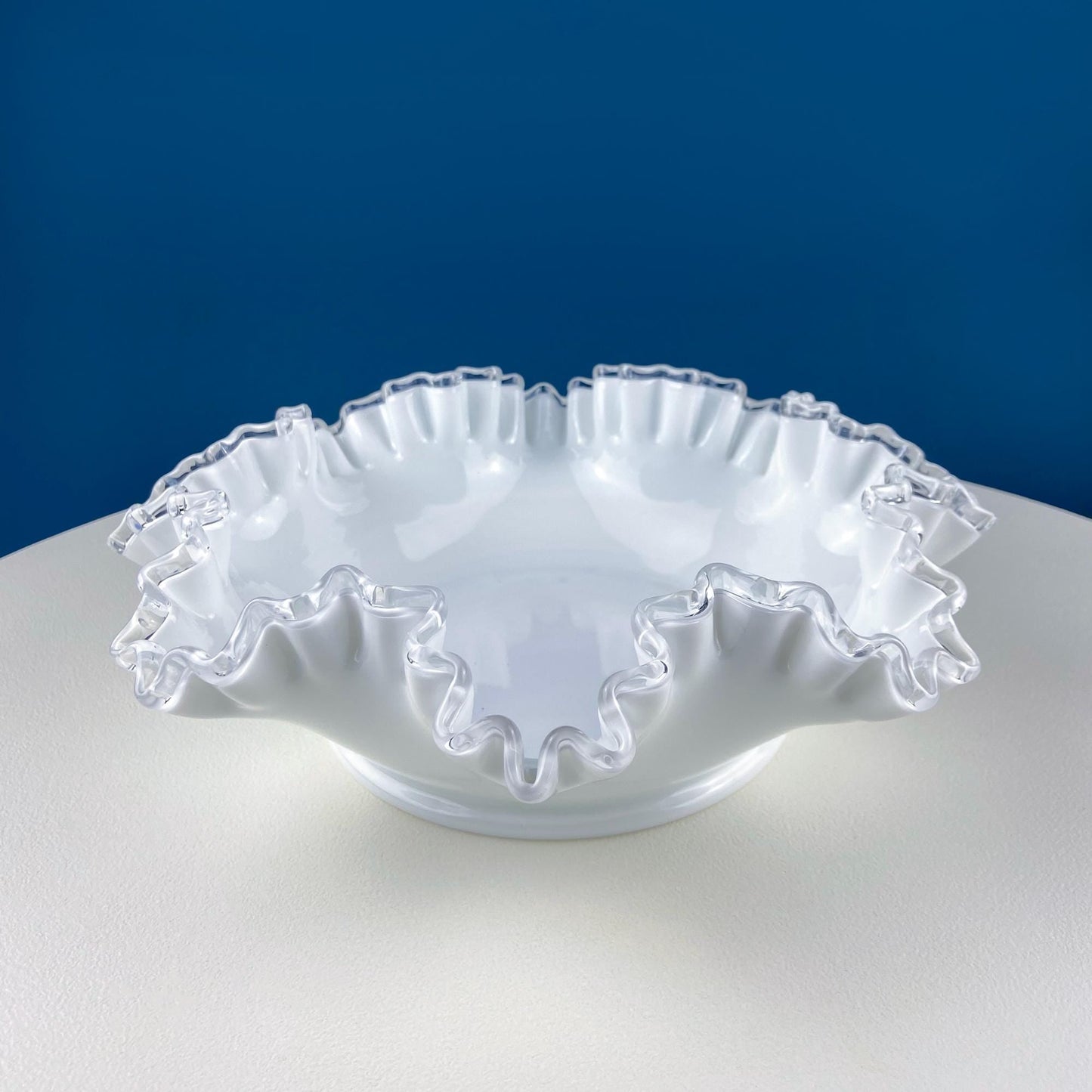 Large Silvercrest Bowl with Ruffled Edge. White Glass Fruit Bowl or Serving Dish with Clear Brim. Table Centerpiece. Wedding Gift.