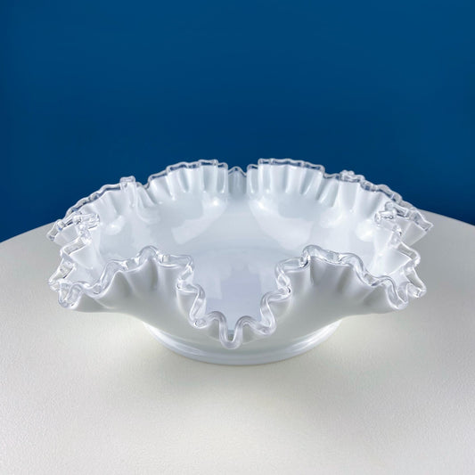 Large Silvercrest Bowl with Ruffled Edge. White Glass Fruit Bowl or Serving Dish with Clear Brim. Table Centerpiece. Wedding Gift.