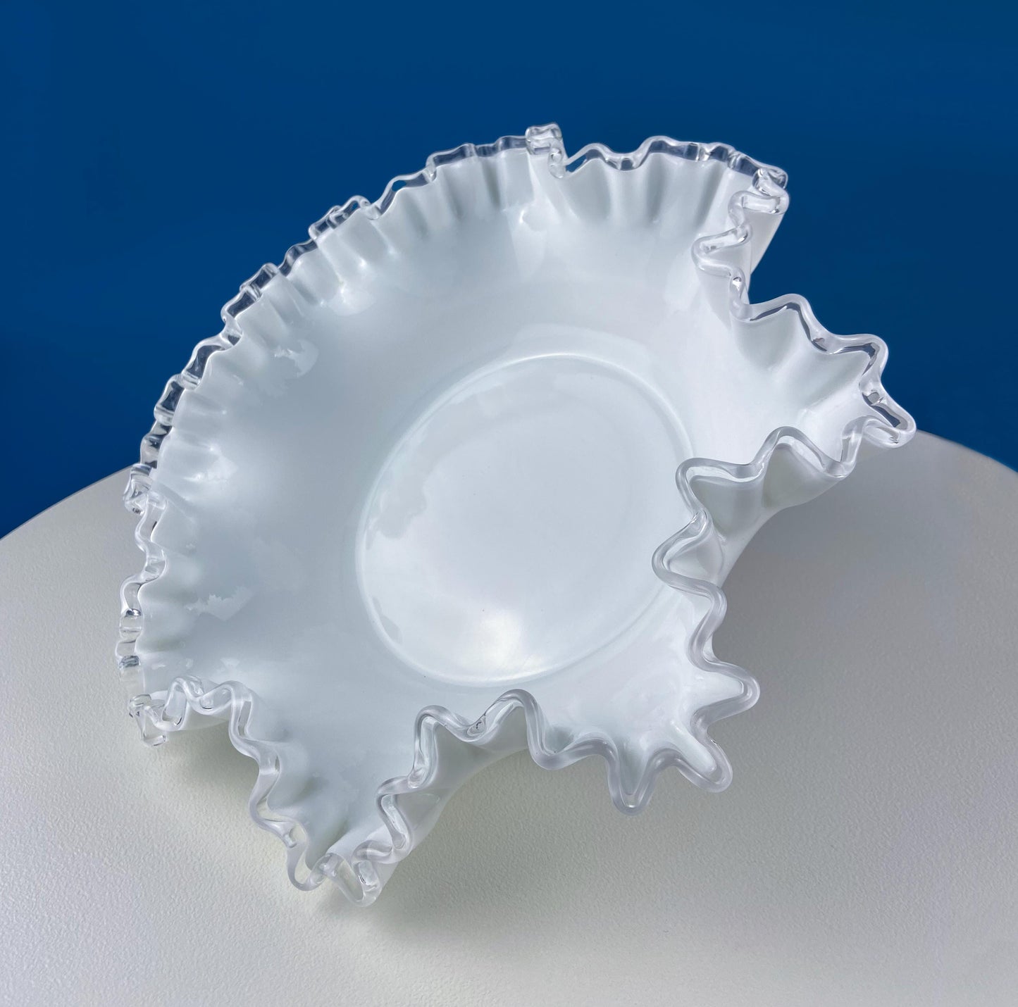 Large Silvercrest Bowl with Ruffled Edge. White Glass Fruit Bowl or Serving Dish with Clear Brim. Table Centerpiece. Wedding Gift.