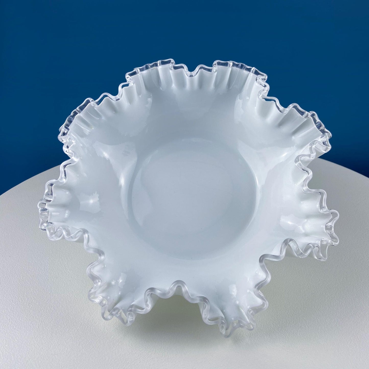 Large Silvercrest Bowl with Ruffled Edge. White Glass Fruit Bowl or Serving Dish with Clear Brim. Table Centerpiece. Wedding Gift.