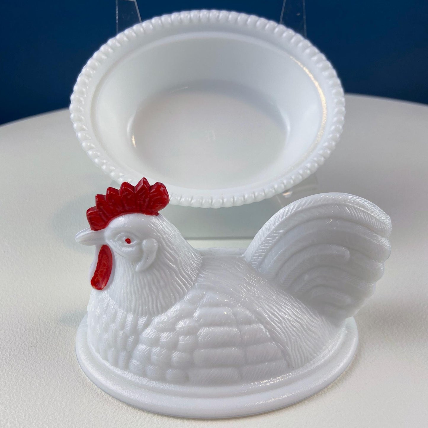 Westmoreland Milk Glass Covered Bowl Shaped Like Rooster on Nest. White Rooster with Red Comb. Lidded Butter Serving Dish. Modern Farmhouse.