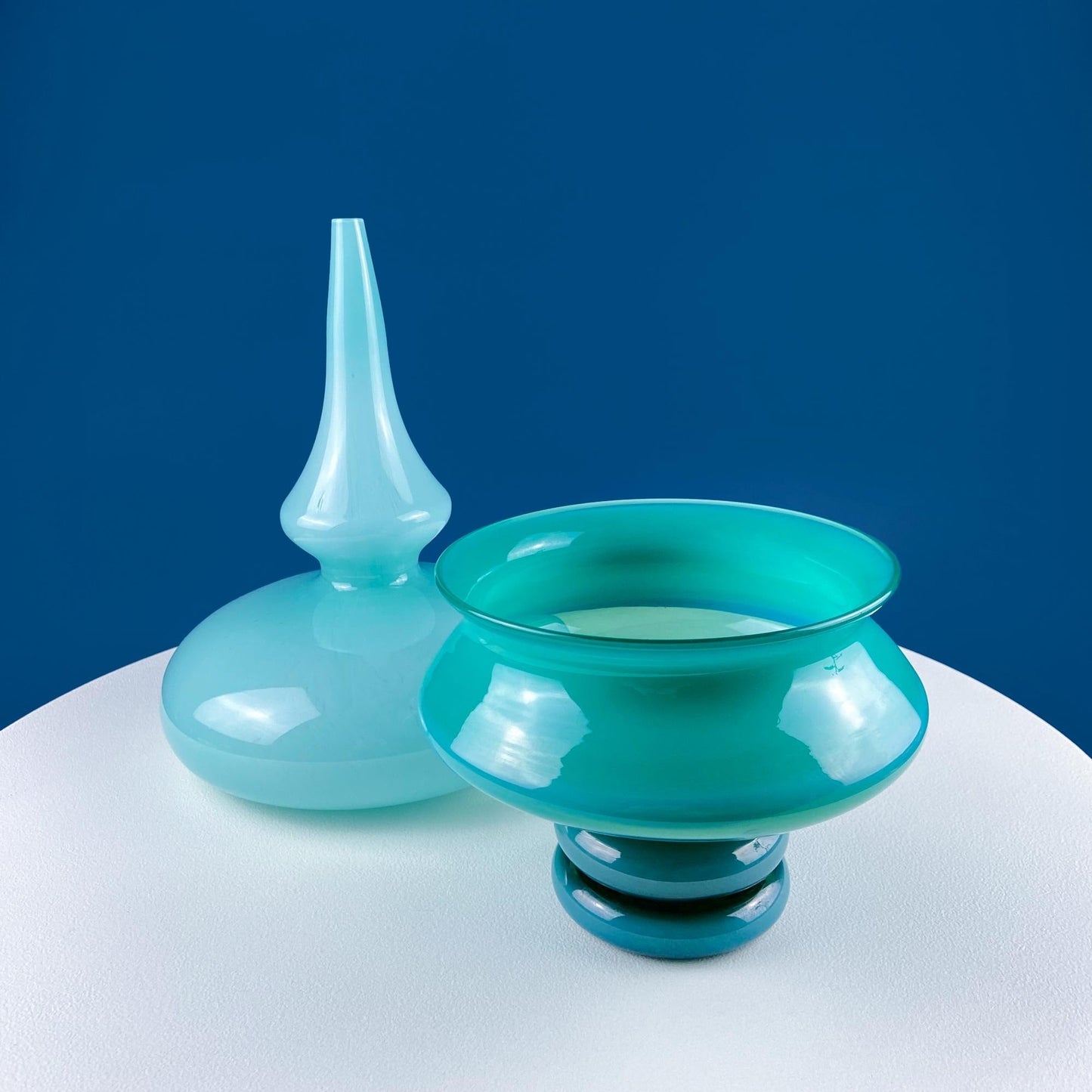 Modern White & Clear Glass Vase with Swirl Handle. Unique White Cased Hand Blown Art Glass with Scroll. Bath Storage. Interior Design Ideas.