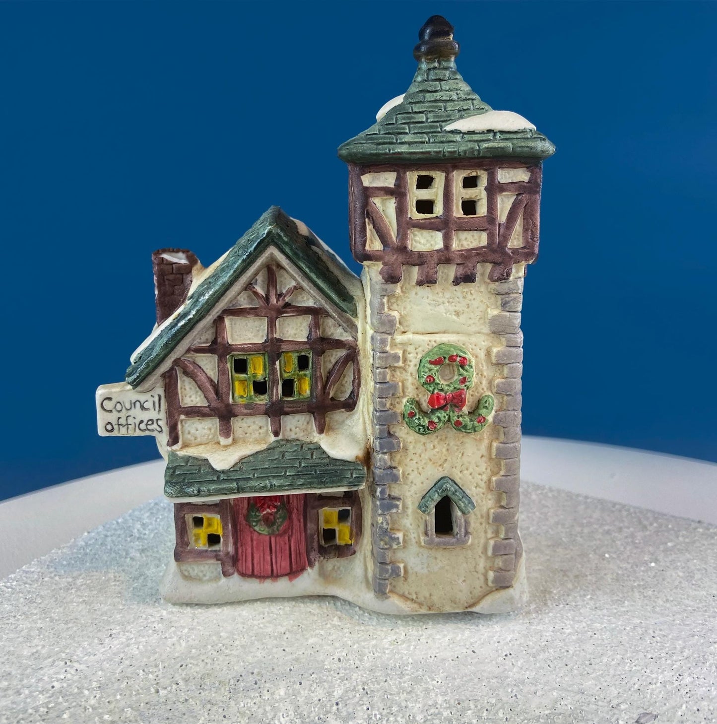 Christmas Village Collection of Small Illuminated Houses. Set of 4 Bldgs: Mill, 2 Churches, Train St., Council Offices, 2 Sheep and 3 Pines.